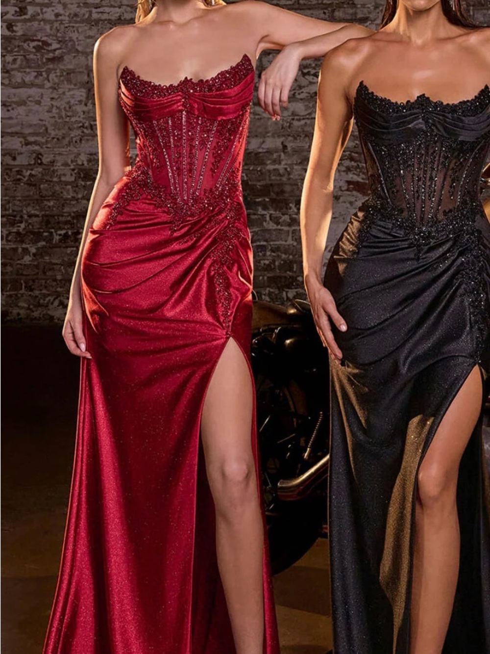 Strapless Red Beaded Corset Prom Dress with High Slit